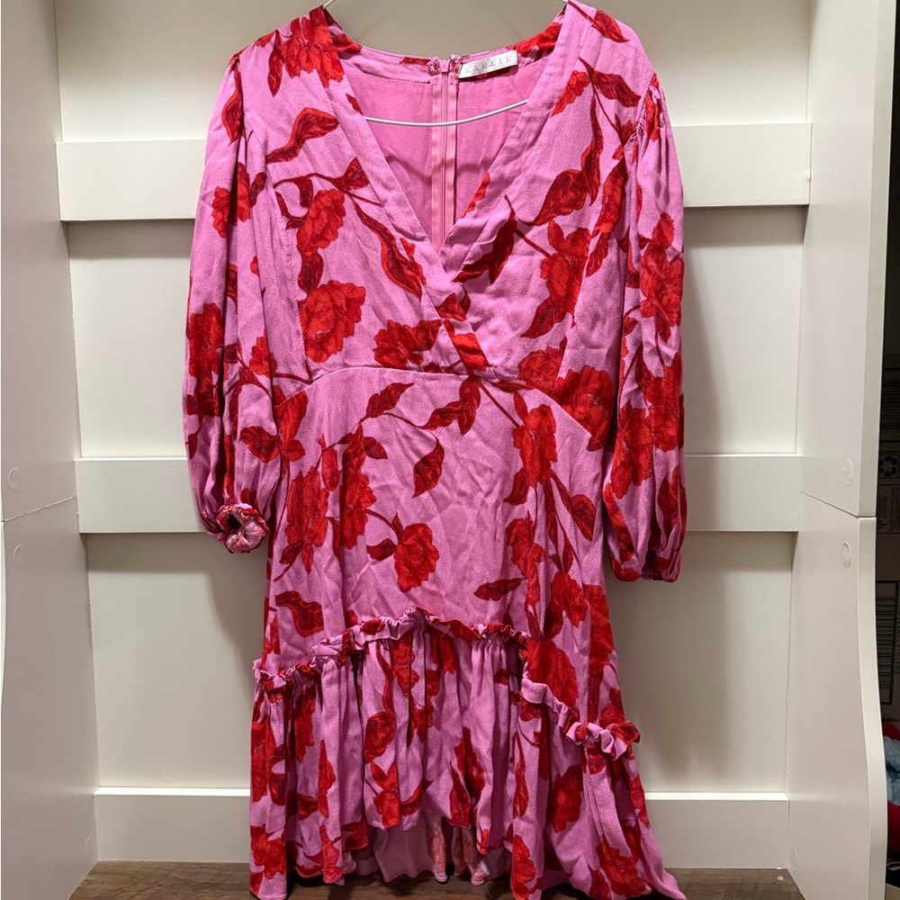 Floral Pink and Red ruffled quarter sleeve Dress